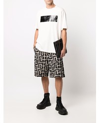 T-shirt à col rond imprimé blanc et noir Balmain