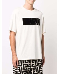 T-shirt à col rond imprimé blanc et noir Balmain