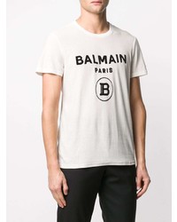 T-shirt à col rond imprimé blanc et noir Balmain