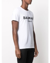 T-shirt à col rond imprimé blanc et noir Balmain