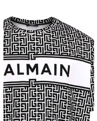 T-shirt à col rond imprimé blanc et noir Balmain