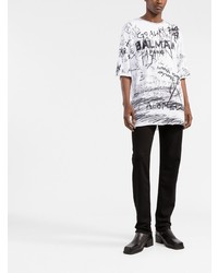 T-shirt à col rond imprimé blanc et noir Balmain