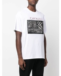 T-shirt à col rond imprimé blanc et noir Roberto Cavalli