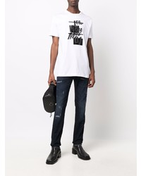 T-shirt à col rond imprimé blanc et noir Les Hommes