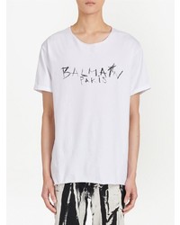 T-shirt à col rond imprimé blanc et noir Balmain