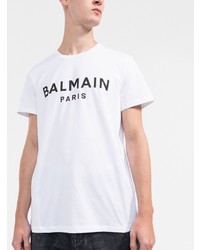 T-shirt à col rond imprimé blanc et noir Balmain