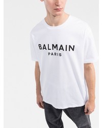 T-shirt à col rond imprimé blanc et noir Balmain