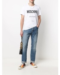 T-shirt à col rond imprimé blanc et noir Moschino