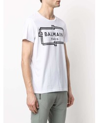 T-shirt à col rond imprimé blanc et noir Balmain