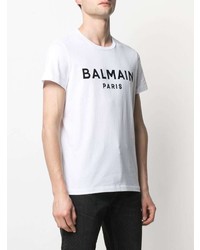 T-shirt à col rond imprimé blanc et noir Balmain