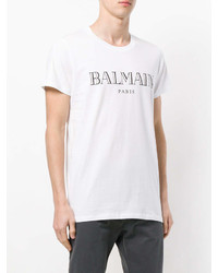 T-shirt à col rond imprimé blanc et noir Balmain