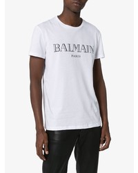 T-shirt à col rond imprimé blanc et noir Balmain