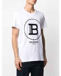 T-shirt à col rond imprimé blanc et noir Balmain