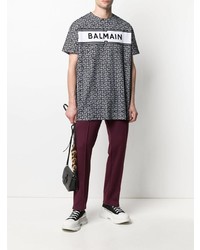 T-shirt à col rond imprimé blanc et noir Balmain