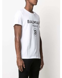 T-shirt à col rond imprimé blanc et noir Balmain