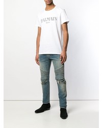 T-shirt à col rond imprimé blanc et noir Balmain