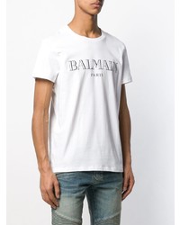 T-shirt à col rond imprimé blanc et noir Balmain