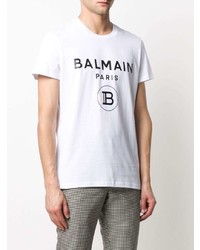 T-shirt à col rond imprimé blanc et noir Balmain