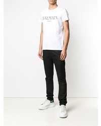 T-shirt à col rond imprimé blanc et noir Balmain