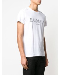 T-shirt à col rond imprimé blanc et noir Balmain