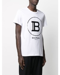 T-shirt à col rond imprimé blanc et noir Balmain