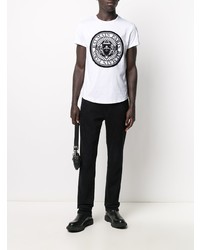 T-shirt à col rond imprimé blanc et noir Balmain