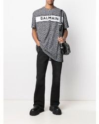 T-shirt à col rond imprimé blanc et noir Balmain