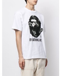 T-shirt à col rond imprimé blanc et noir A Bathing Ape