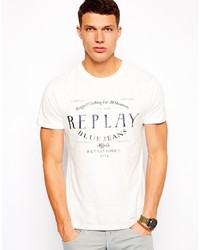 T-shirt à col rond imprimé blanc et noir Replay