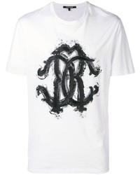 T-shirt à col rond imprimé blanc et noir Roberto Cavalli