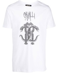 T-shirt à col rond imprimé blanc et noir Roberto Cavalli