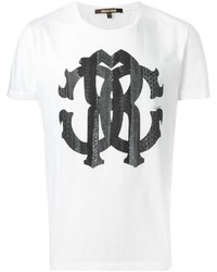 T-shirt à col rond imprimé blanc et noir Roberto Cavalli