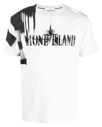 T-shirt à col rond imprimé blanc et noir Stone Island