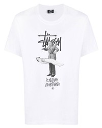 T-shirt à col rond imprimé blanc et noir Stussy