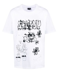 T-shirt à col rond imprimé blanc et noir Stussy