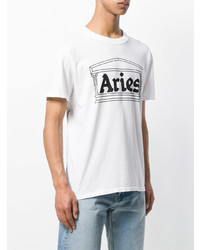 T-shirt à col rond imprimé blanc et noir Aries