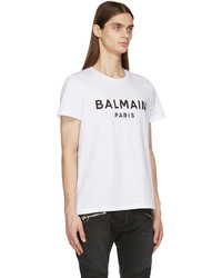 T-shirt à col rond imprimé blanc et noir Balmain