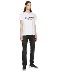 T-shirt à col rond imprimé blanc et noir Balmain