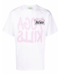 T-shirt à col rond imprimé blanc et rose Aries