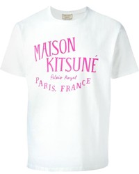 T-shirt à col rond imprimé blanc et rose Kitsune