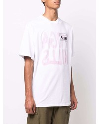 T-shirt à col rond imprimé blanc et rose Aries