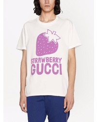 T-shirt à col rond imprimé blanc et rose Gucci
