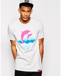T-shirt à col rond imprimé blanc et rose