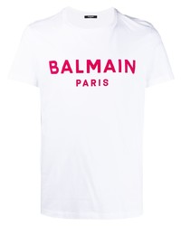 T-shirt à col rond imprimé blanc et rouge Balmain