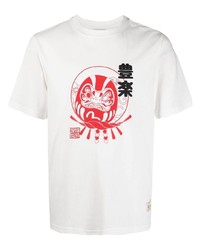 T-shirt à col rond imprimé blanc et rouge Evisu
