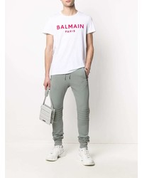 T-shirt à col rond imprimé blanc et rouge Balmain