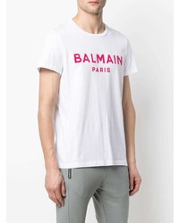 T-shirt à col rond imprimé blanc et rouge Balmain