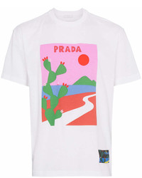 T-shirt à col rond imprimé blanc et rouge Prada