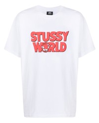 T-shirt à col rond imprimé blanc et rouge Stussy