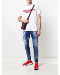 T-shirt à col rond imprimé blanc et rouge DSQUARED2